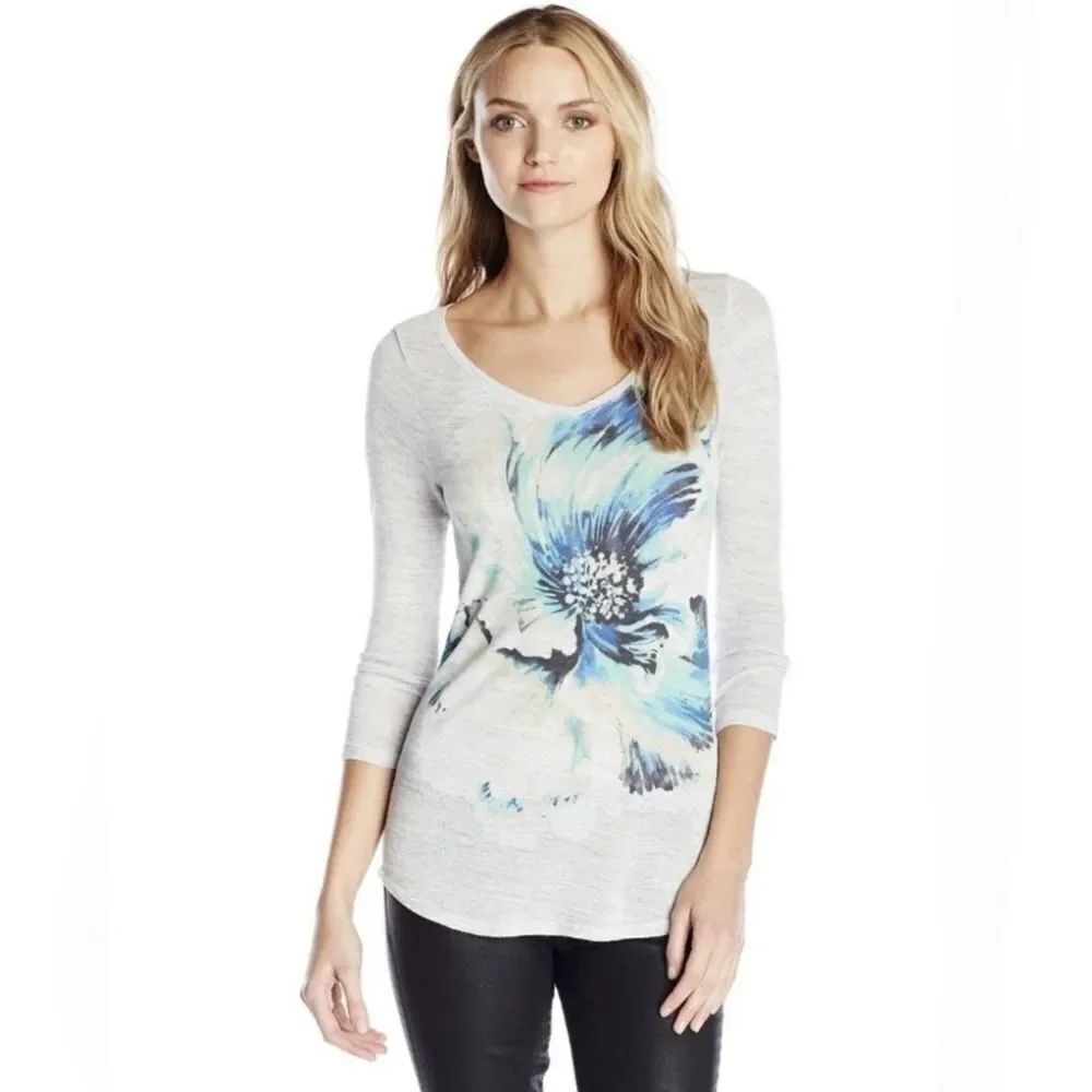🔹️Lucky Gray & Blue Floral Print Long Sleeve Hi-Low Tunic Top Large